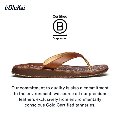 OLUKAI Paniolo Women's Beach Sandals, Distressed Full-Grain Leather Flip-Flop Slides, Wet Grip Soles, Compression Molded Footbed - Hawaiian Flair