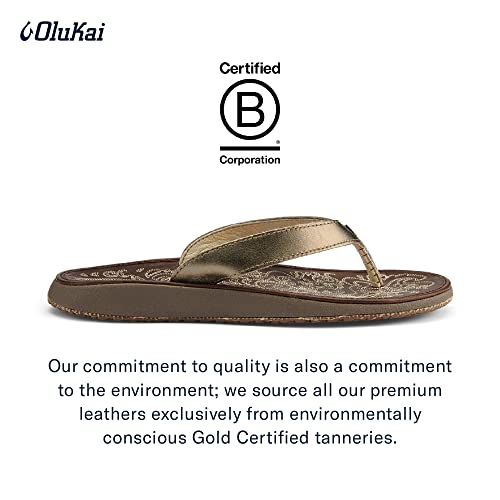 OLUKAI Paniolo Women's Beach Sandals, Distressed Full-Grain Leather Flip-Flop Slides, Wet Grip Soles, Compression Molded Footbed - Hawaiian Flair