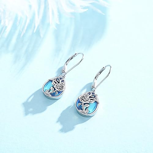 Moonstone Earrings 925 Sterling Silver Flower Teardrop Leverback Dangle Earrings Jewelry Gifts for Women Girls - Hawaiian Flair