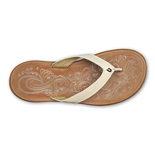 OLUKAI Paniolo Women's Beach Sandals, Distressed Full-Grain Leather Flip-Flop Slides, Wet Grip Soles, Compression Molded Footbed - Hawaiian Flair