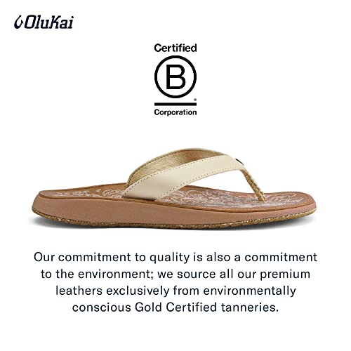 OLUKAI Paniolo Women's Beach Sandals, Distressed Full-Grain Leather Flip-Flop Slides, Wet Grip Soles, Compression Molded Footbed - Hawaiian Flair