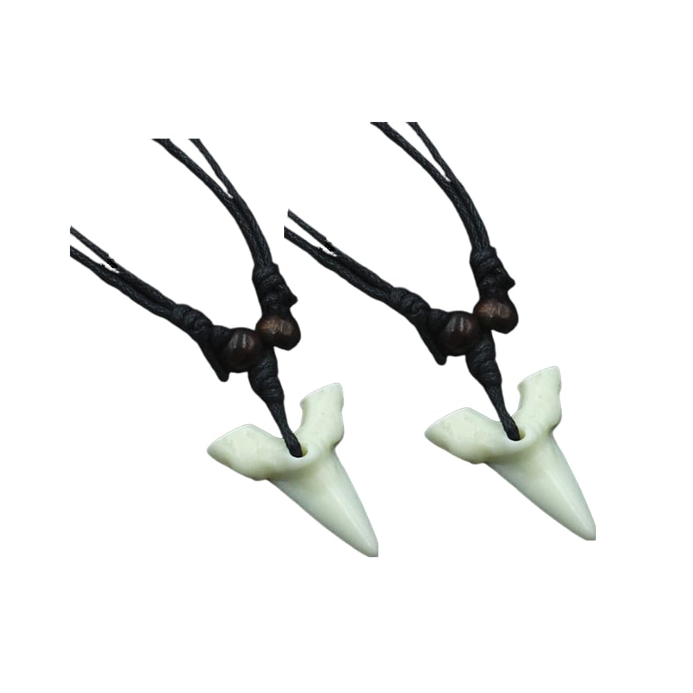 2PCS Hawaiian Protection Amulet Lucky Pendant Necklace Vintage Tiki Fish Hook Turtles Tortoise Shark Wolf Tooth Caved Satue Adjustable Rope Chain Necklaces for Men Women - Hawaiian Flair