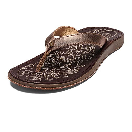 OLUKAI Paniolo Women's Beach Sandals, Distressed Full-Grain Leather Flip-Flop Slides, Wet Grip Soles, Compression Molded Footbed - Hawaiian Flair