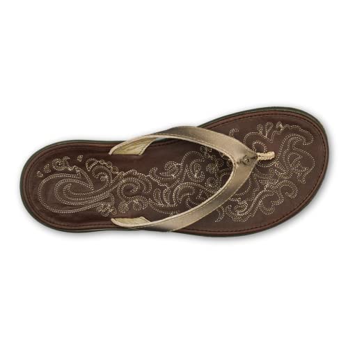 OLUKAI Paniolo Women's Beach Sandals, Distressed Full-Grain Leather Flip-Flop Slides, Wet Grip Soles, Compression Molded Footbed - Hawaiian Flair