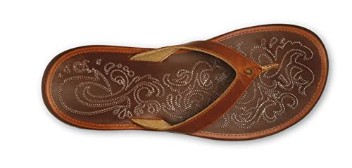 OLUKAI Paniolo Women's Beach Sandals, Distressed Full-Grain Leather Flip-Flop Slides, Wet Grip Soles, Compression Molded Footbed - Hawaiian Flair