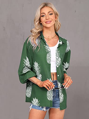 ZXZY Women Pineapple Printed Lapel Collar Half Sleeves Buttons Down Blouse Shirt - Hawaiian Flair