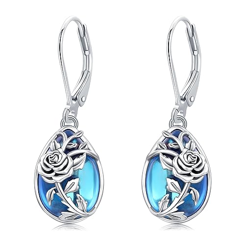 Moonstone Earrings 925 Sterling Silver Flower Teardrop Leverback Dangle Earrings Jewelry Gifts for Women Girls - Hawaiian Flair