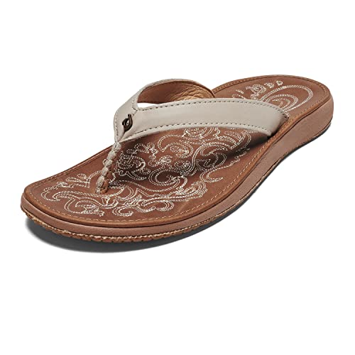 OLUKAI Paniolo Women's Beach Sandals, Distressed Full-Grain Leather Flip-Flop Slides, Wet Grip Soles, Compression Molded Footbed - Hawaiian Flair