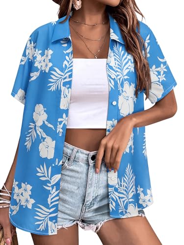 Womens Button Down Hawaiian Shirts Short Sleeve Floral Print Summer V Neck T-Shirt Casual Summer Beach Blouses Tops - Hawaiian Flair