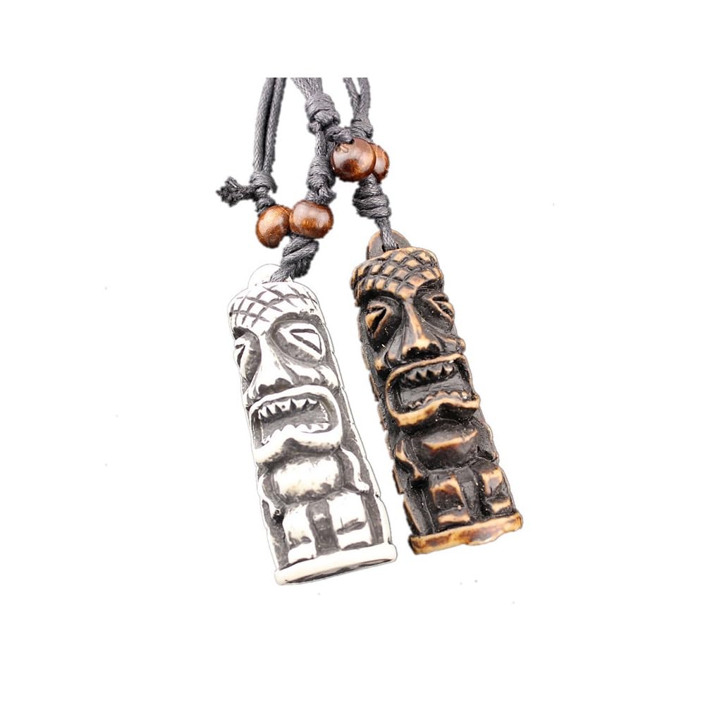 2PCS Hawaiian Protection Amulet Lucky Pendant Necklace Vintage Tiki Fish Hook Turtles Tortoise Shark Wolf Tooth Caved Satue Adjustable Rope Chain Necklaces for Men Women - Hawaiian Flair