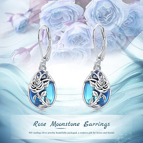 Moonstone Earrings 925 Sterling Silver Flower Teardrop Leverback Dangle Earrings Jewelry Gifts for Women Girls - Hawaiian Flair