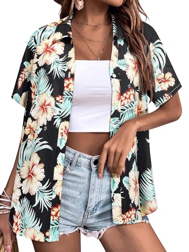 Womens Button Down Hawaiian Shirts Short Sleeve Floral Print Summer V Neck T-Shirt Casual Summer Beach Blouses Tops - Hawaiian Flair