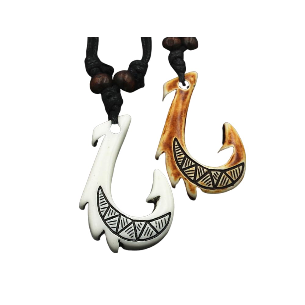 2PCS Hawaiian Protection Amulet Lucky Pendant Necklace Vintage Tiki Fish Hook Turtles Tortoise Shark Wolf Tooth Caved Satue Adjustable Rope Chain Necklaces for Men Women - Hawaiian Flair