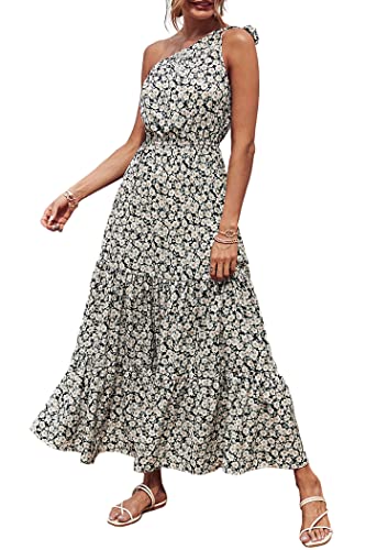 PRETTYGARDEN Women's Summer Floral Maxi Dress Knot One Shoulder Sleeveless Ruffle Flowy Boho Beach Wedding Guest Dresses - Hawaiian Flair