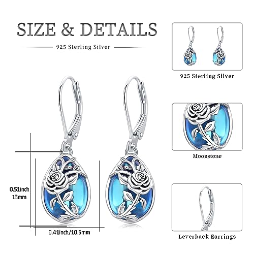 Moonstone Earrings 925 Sterling Silver Flower Teardrop Leverback Dangle Earrings Jewelry Gifts for Women Girls - Hawaiian Flair