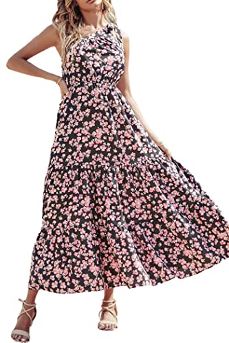 PRETTYGARDEN Women's Summer Floral Maxi Dress Knot One Shoulder Sleeveless Ruffle Flowy Boho Beach Wedding Guest Dresses - Hawaiian Flair