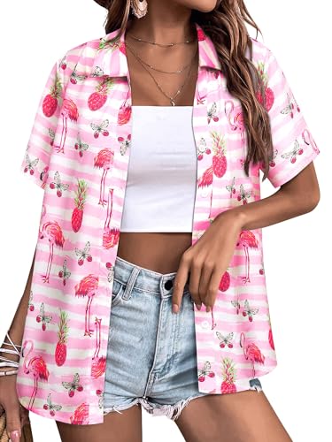 Womens Button Down Hawaiian Shirts Short Sleeve Floral Print Summer V Neck T-Shirt Casual Summer Beach Blouses Tops - Hawaiian Flair