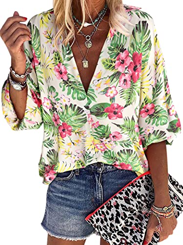 ZXZY Women Pineapple Printed Lapel Collar Half Sleeves Buttons Down Blouse Shirt - Hawaiian Flair
