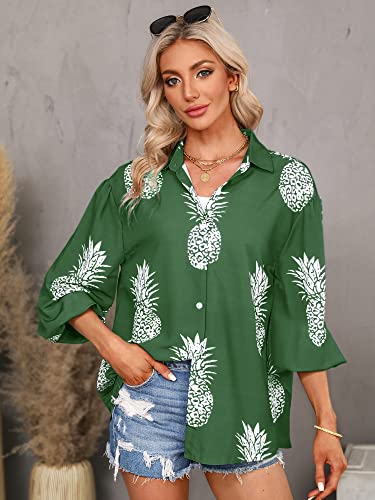 ZXZY Women Pineapple Printed Lapel Collar Half Sleeves Buttons Down Blouse Shirt - Hawaiian Flair