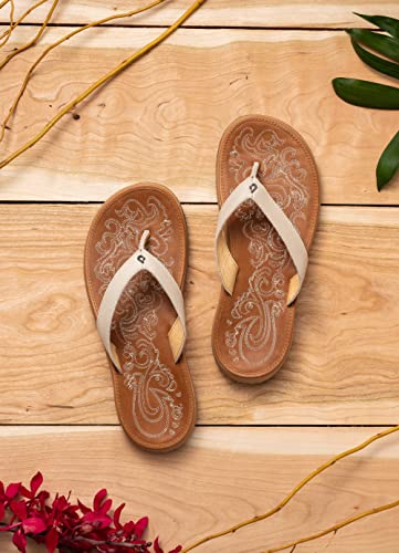 OLUKAI Paniolo Women's Beach Sandals, Distressed Full-Grain Leather Flip-Flop Slides, Wet Grip Soles, Compression Molded Footbed - Hawaiian Flair