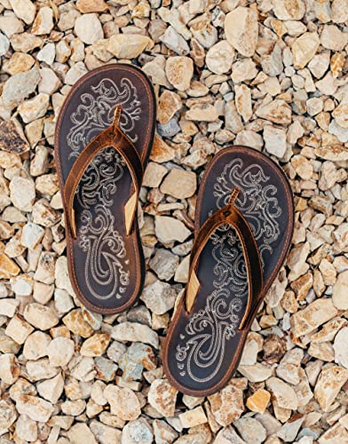 OLUKAI Paniolo Women's Beach Sandals, Distressed Full-Grain Leather Flip-Flop Slides, Wet Grip Soles, Compression Molded Footbed - Hawaiian Flair