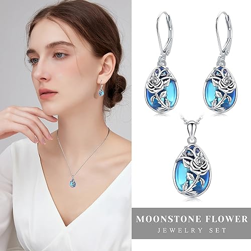 Moonstone Earrings 925 Sterling Silver Flower Teardrop Leverback Dangle Earrings Jewelry Gifts for Women Girls - Hawaiian Flair