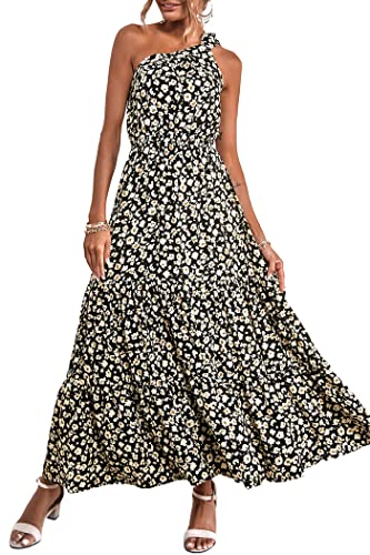 PRETTYGARDEN Women's Summer Floral Maxi Dress Knot One Shoulder Sleeveless Ruffle Flowy Boho Beach Wedding Guest Dresses - Hawaiian Flair