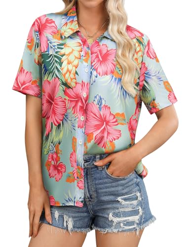 Womens Button Down Hawaiian Shirts Short Sleeve Floral Print Summer V Neck T-Shirt Casual Summer Beach Blouses Tops - Hawaiian Flair