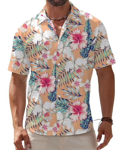 BOJIN Men's Hawaiian Wrinkle Free Short Sleeve Button Down Tropical Floral Beach Vacation Shirt - Hawaiian Flair