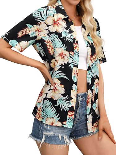 Womens Button Down Hawaiian Shirts Short Sleeve Floral Print Summer V Neck T-Shirt Casual Summer Beach Blouses Tops - Hawaiian Flair