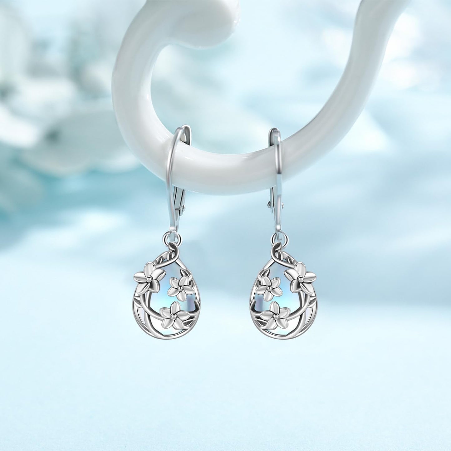 Moonstone Earrings 925 Sterling Silver Flower Teardrop Leverback Dangle Earrings Jewelry Gifts for Women Girls - Hawaiian Flair