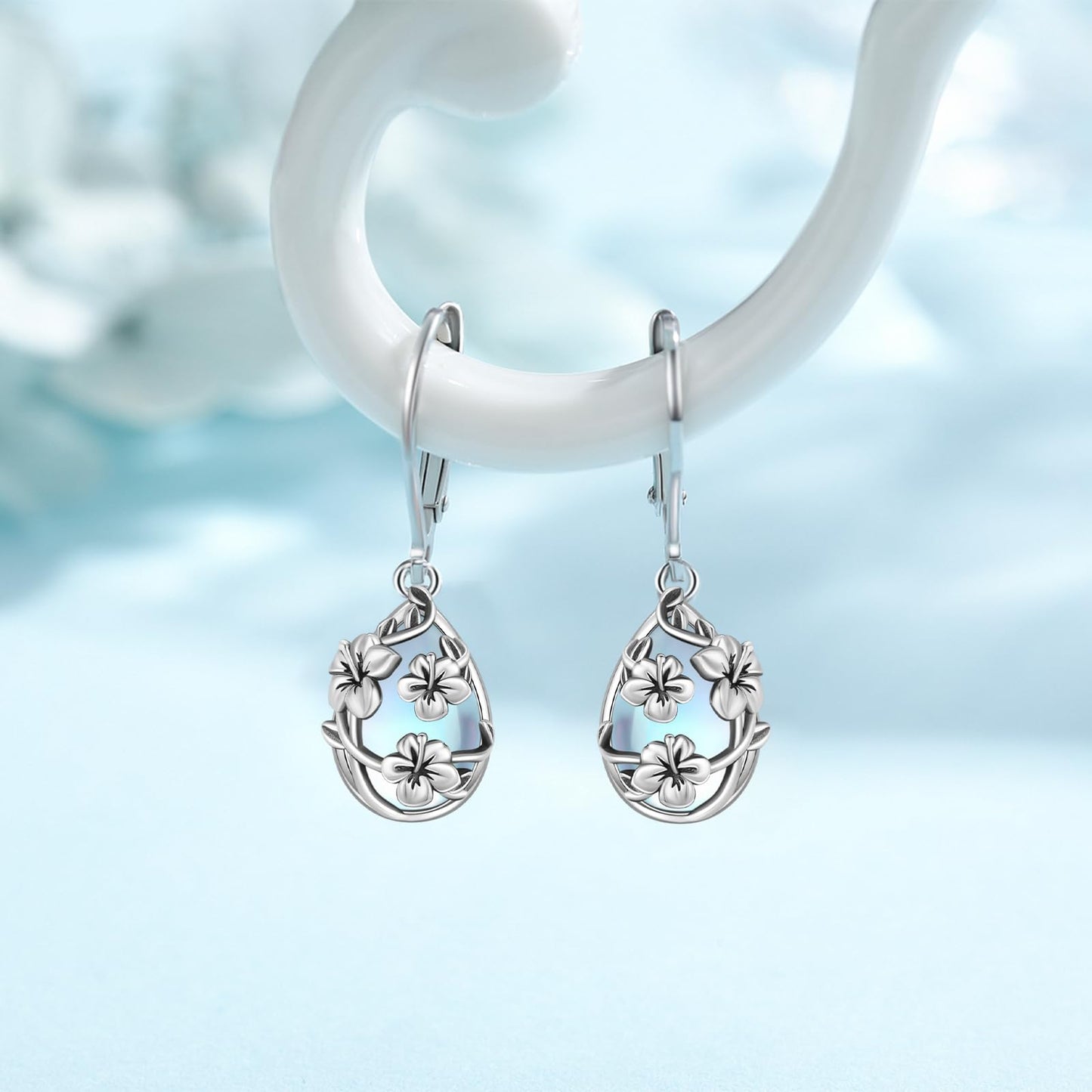 Moonstone Earrings 925 Sterling Silver Flower Teardrop Leverback Dangle Earrings Jewelry Gifts for Women Girls - Hawaiian Flair