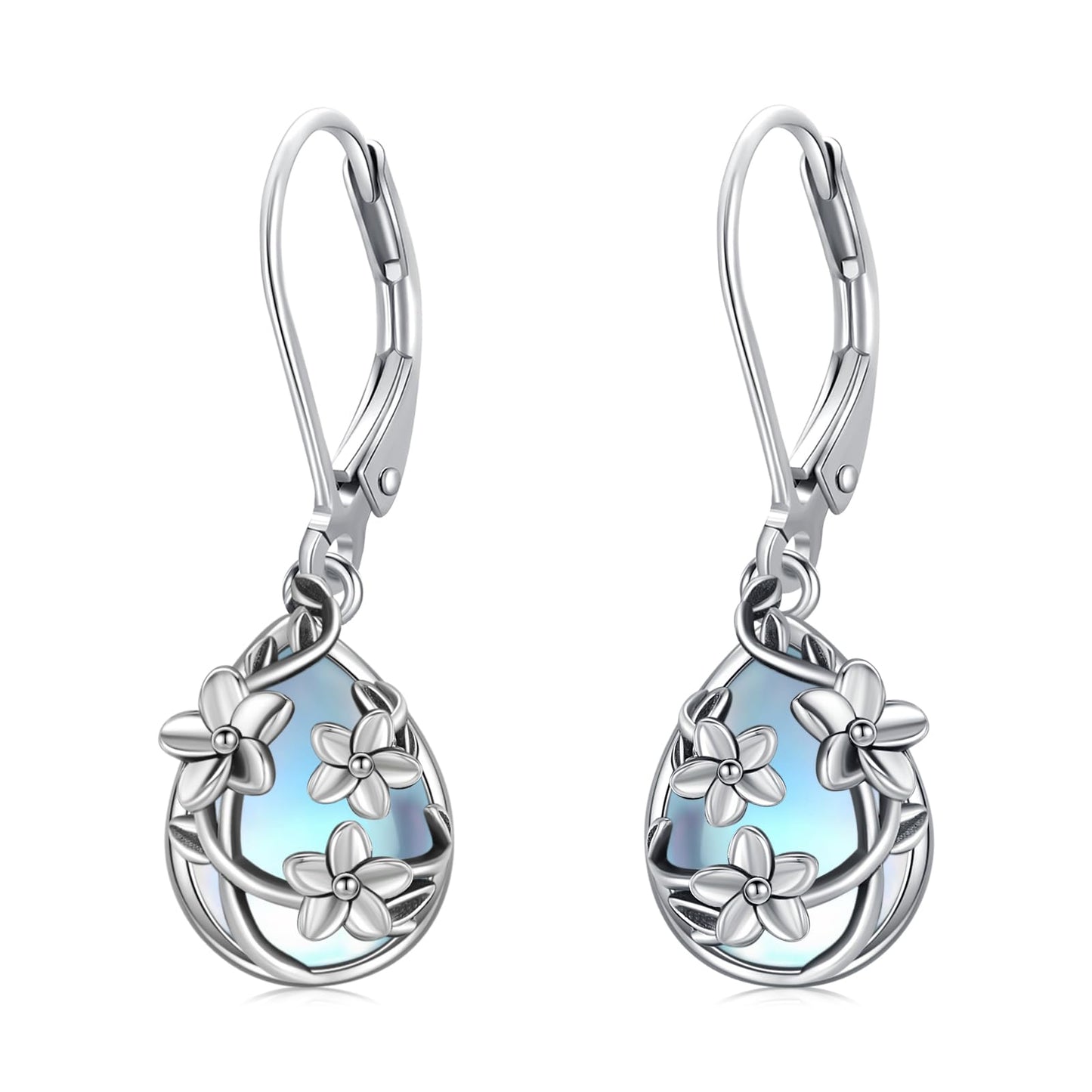 Moonstone Earrings 925 Sterling Silver Flower Teardrop Leverback Dangle Earrings Jewelry Gifts for Women Girls - Hawaiian Flair