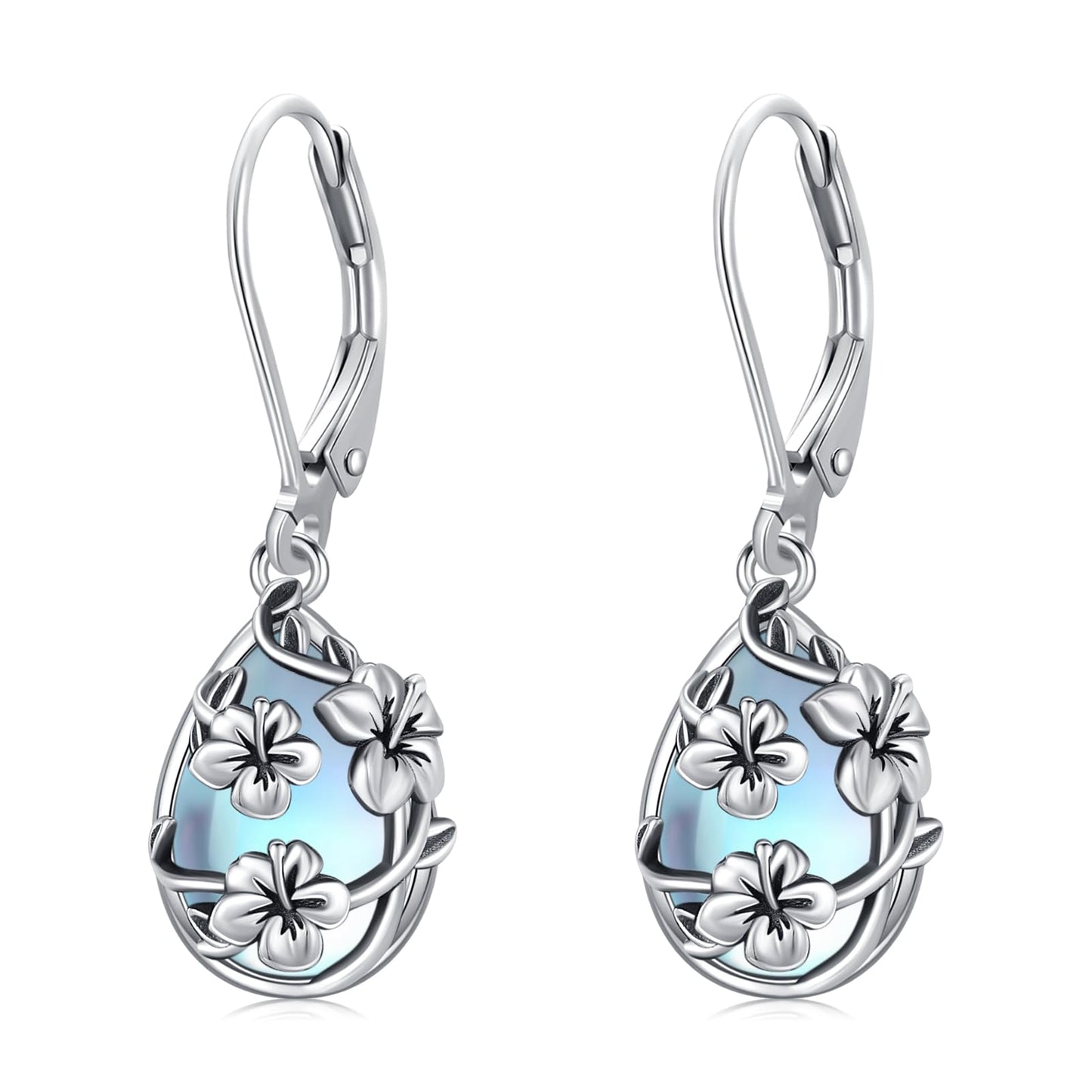 Moonstone Earrings 925 Sterling Silver Flower Teardrop Leverback Dangle Earrings Jewelry Gifts for Women Girls - Hawaiian Flair