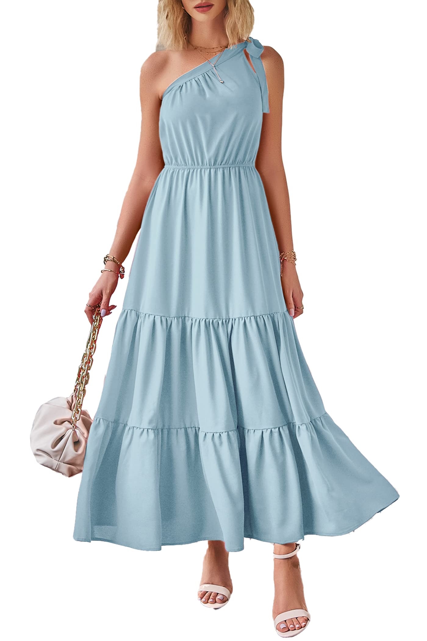 PRETTYGARDEN Women's Summer Floral Maxi Dress Knot One Shoulder Sleeveless Ruffle Flowy Boho Beach Wedding Guest Dresses - Hawaiian Flair