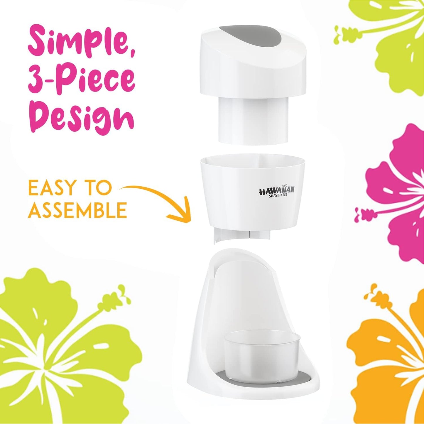 Hawaiian Shaved Ice S900A Snow Cone and Shaved Ice Machine with 2 Reusable Plastic Ice Mold Cups, Non-slip Mat, Instruction Manual, 1-year Manufacturer’s Warranty, 120V, White