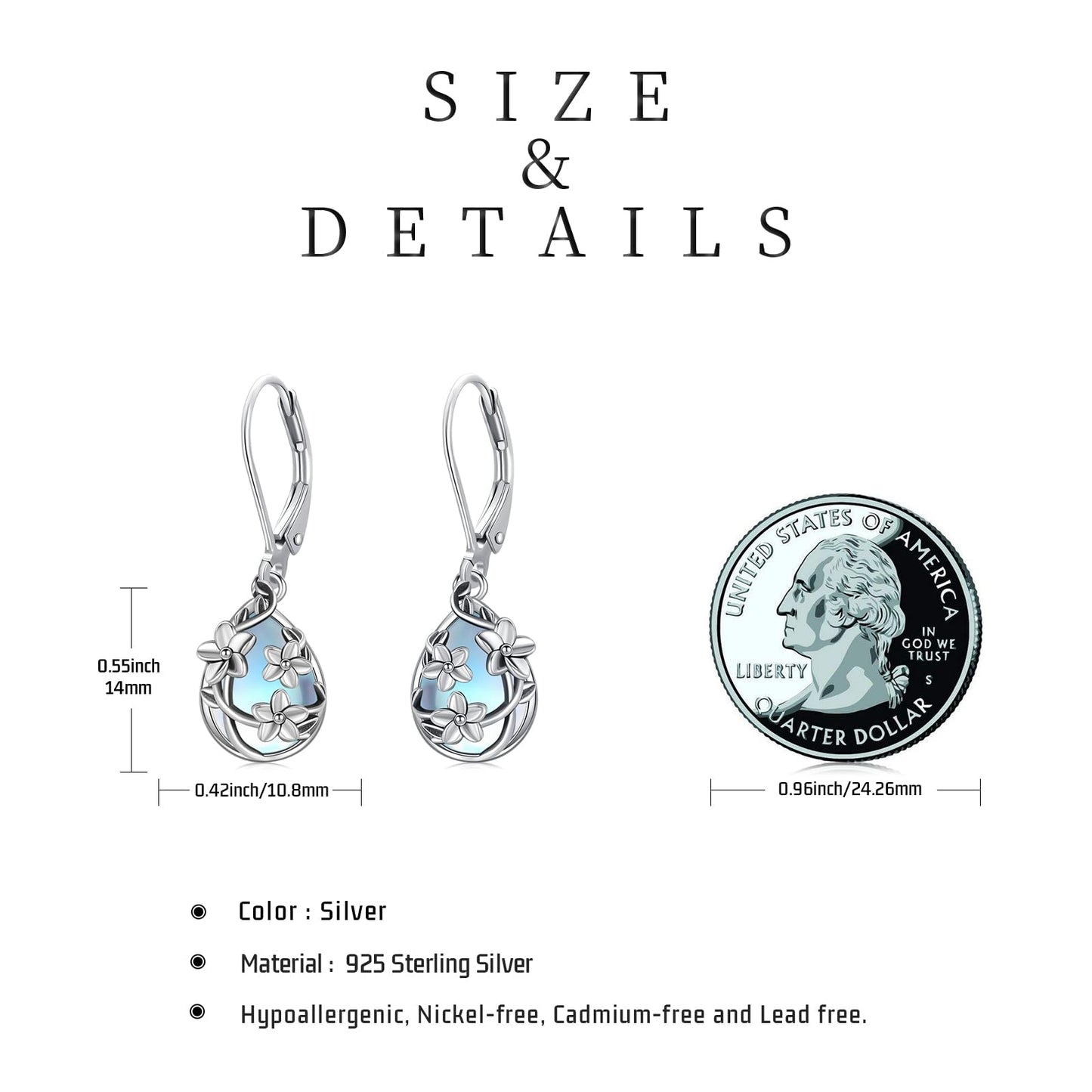 Moonstone Earrings 925 Sterling Silver Flower Teardrop Leverback Dangle Earrings Jewelry Gifts for Women Girls - Hawaiian Flair
