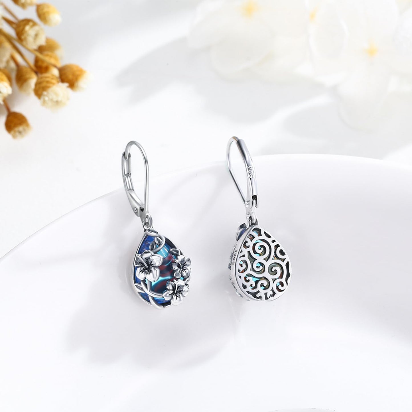 Moonstone Earrings 925 Sterling Silver Flower Teardrop Leverback Dangle Earrings Jewelry Gifts for Women Girls - Hawaiian Flair