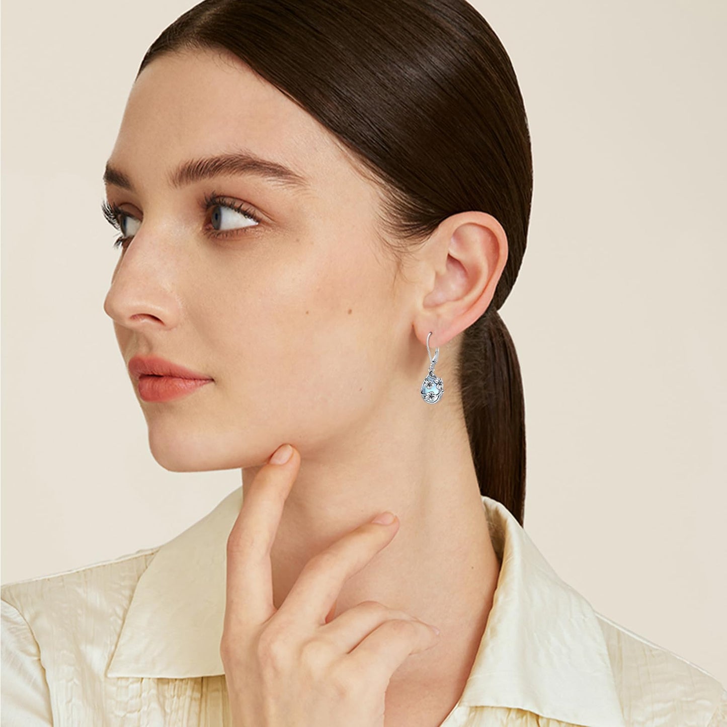 Moonstone Earrings 925 Sterling Silver Flower Teardrop Leverback Dangle Earrings Jewelry Gifts for Women Girls - Hawaiian Flair
