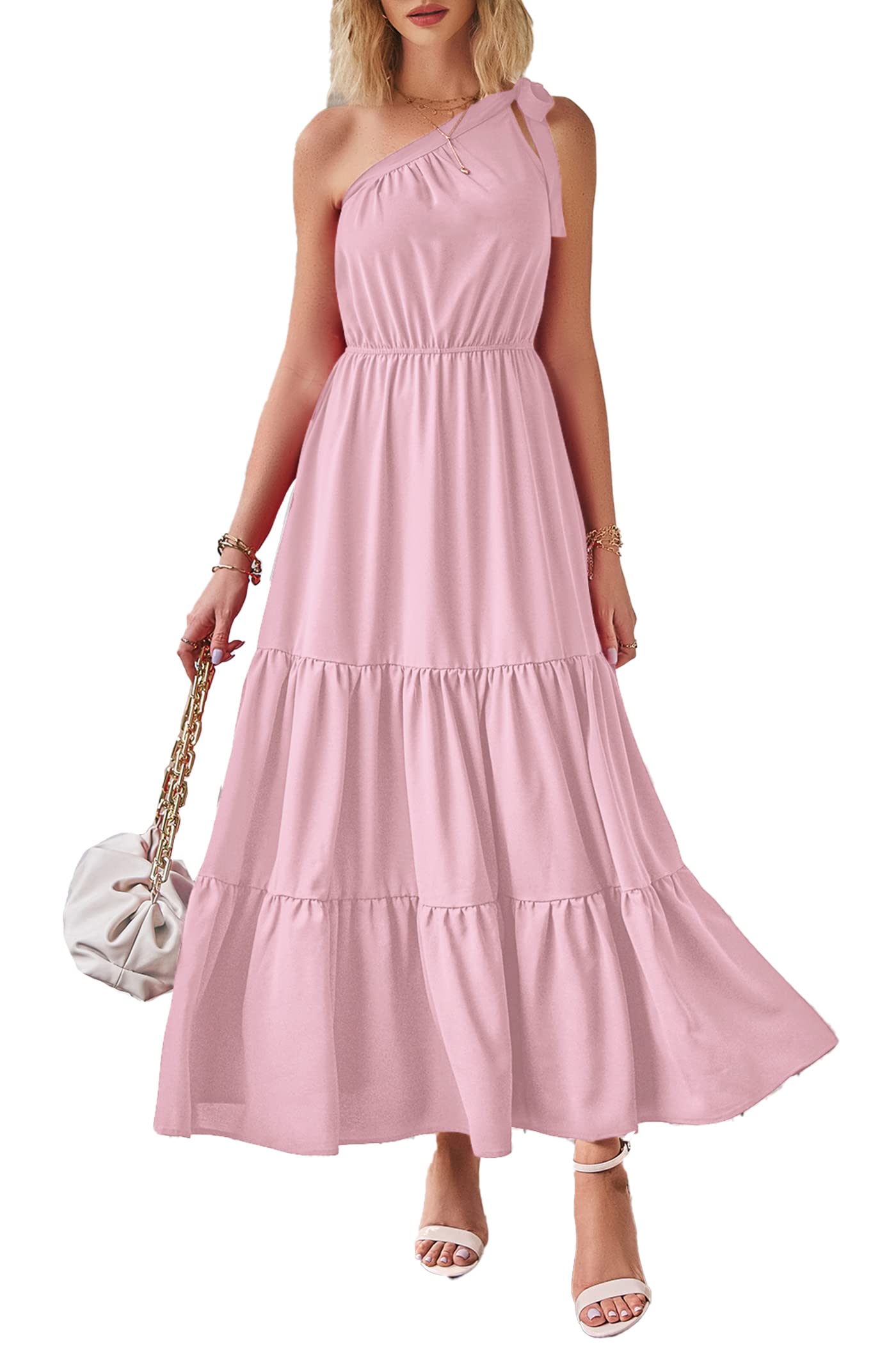 PRETTYGARDEN Women's Summer Floral Maxi Dress Knot One Shoulder Sleeveless Ruffle Flowy Boho Beach Wedding Guest Dresses - Hawaiian Flair