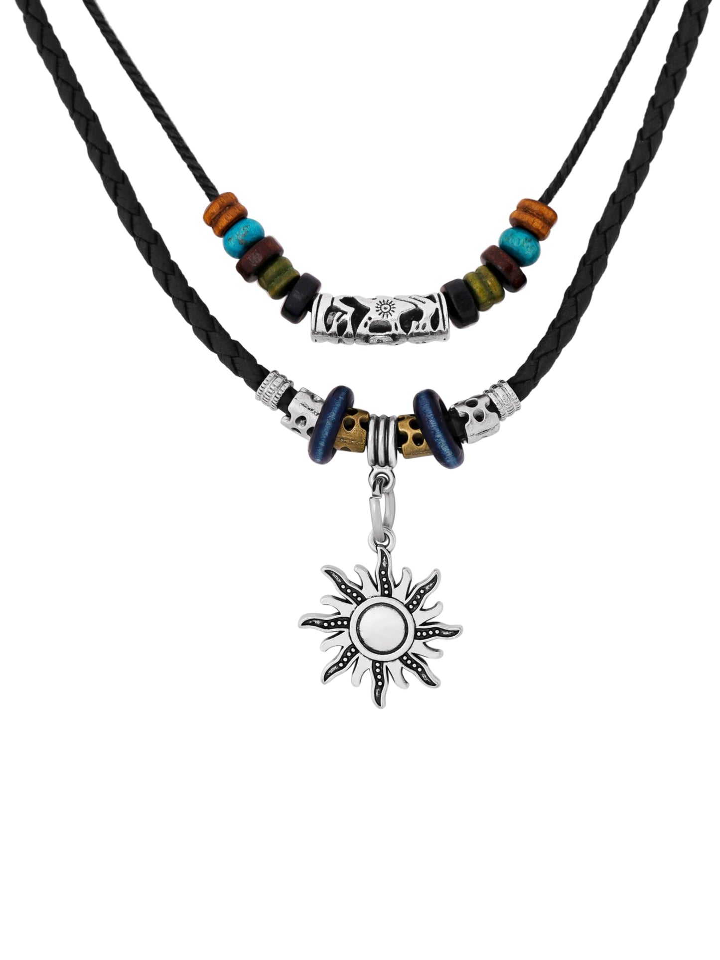 MINACHI Ethnic Boho Colorful Braided Rope Necklace, Multi-Layered, Wooden Beads, Copper Butterfly Pendant, Women's Jewelry