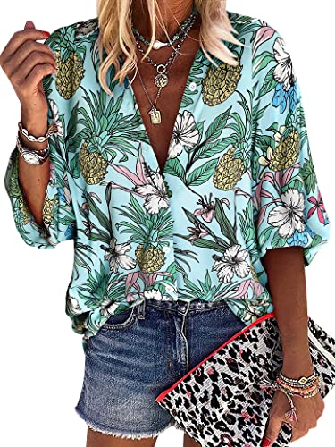 ZXZY Women Pineapple Printed Lapel Collar Half Sleeves Buttons Down Blouse Shirt - Hawaiian Flair