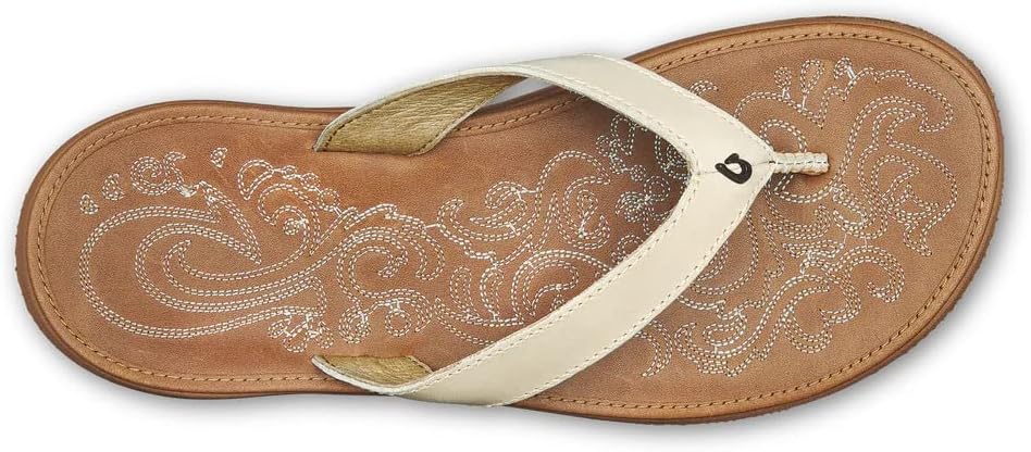 OLUKAI Paniolo Women's Beach Sandals, Distressed Full-Grain Leather Flip-Flop Slides, Wet Grip Soles, Compression Molded Footbed - Hawaiian Flair