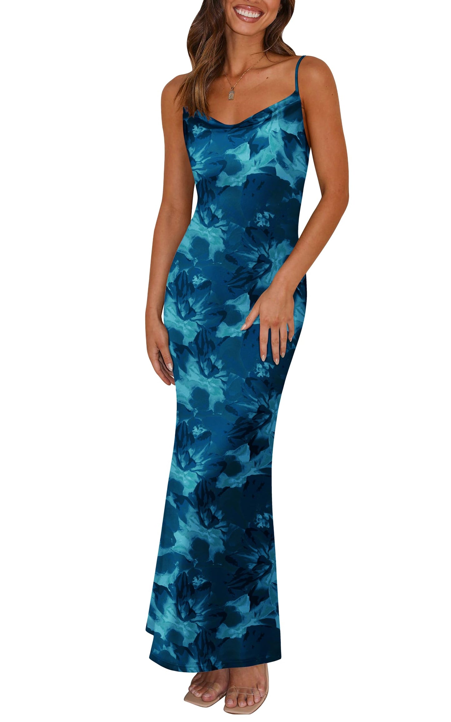 PRETTYGARDEN Women's 2025 Summer Floral Spaghetti Strap Maxi Dress Stretch Sexy Bodycon Dress Backless Slip Long Dresses - Hawaiian Flair