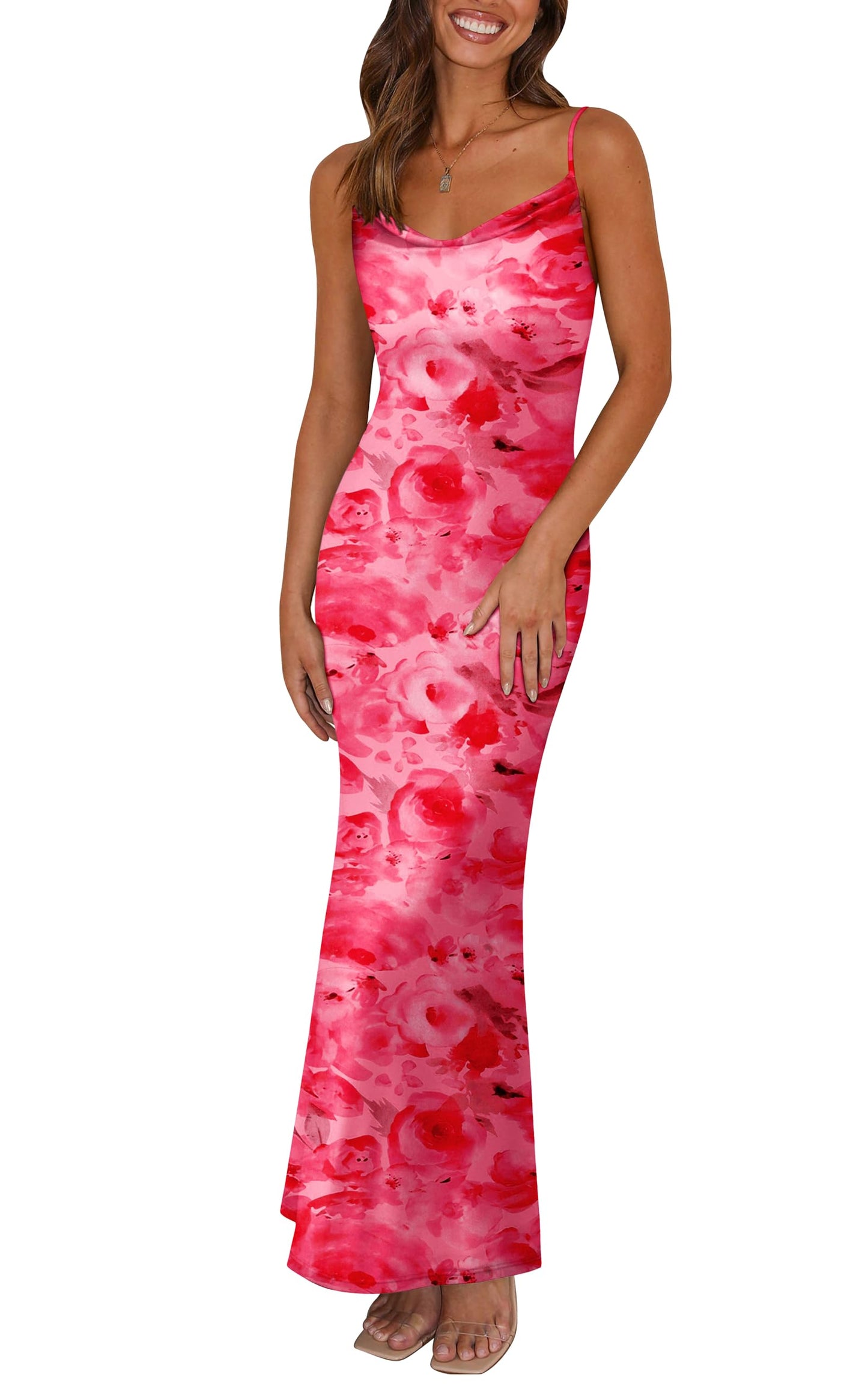 PRETTYGARDEN Women's 2025 Summer Floral Spaghetti Strap Maxi Dress Stretch Sexy Bodycon Dress Backless Slip Long Dresses - Hawaiian Flair