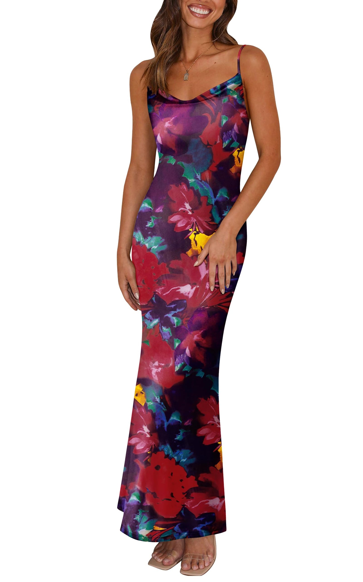 PRETTYGARDEN Women's 2025 Summer Floral Spaghetti Strap Maxi Dress Stretch Sexy Bodycon Dress Backless Slip Long Dresses - Hawaiian Flair