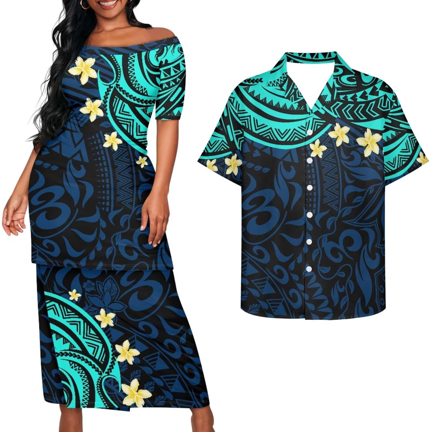 Samoa Couple Outfit Puletasi Samoa Dress Polynesian Shirts for Men Puletasi Samoan Traditional Dress Hawaiian - Hawaiian Flair