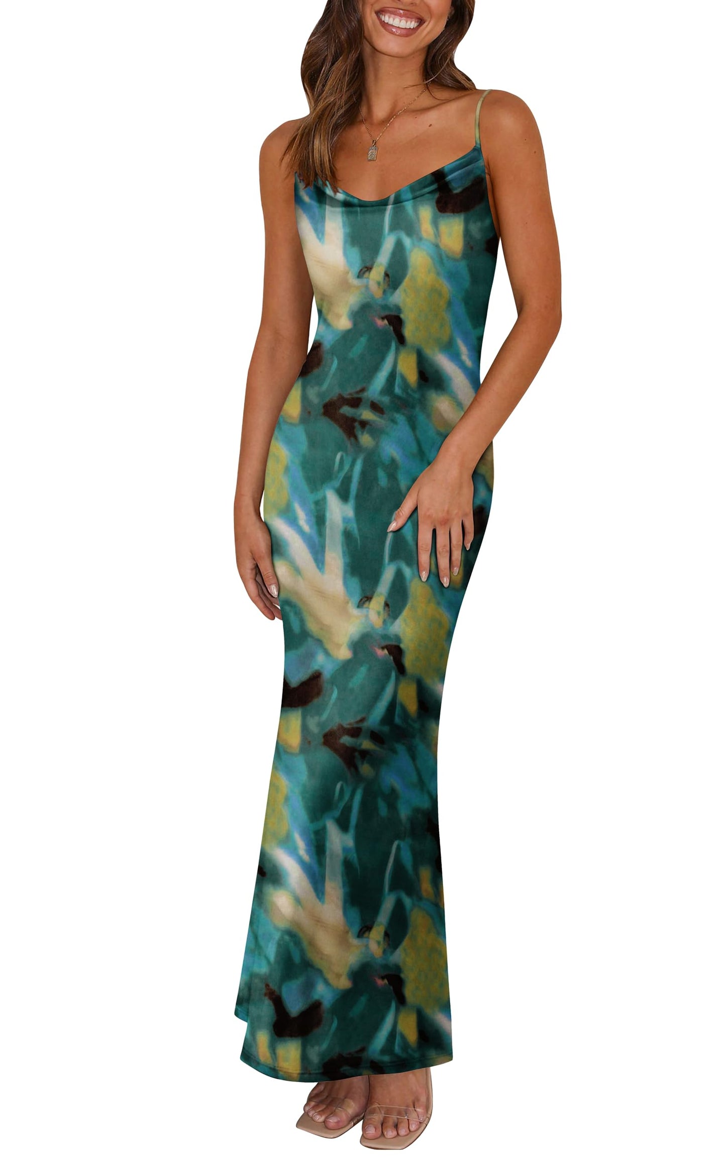 PRETTYGARDEN Women's 2025 Summer Floral Spaghetti Strap Maxi Dress Stretch Sexy Bodycon Dress Backless Slip Long Dresses - Hawaiian Flair