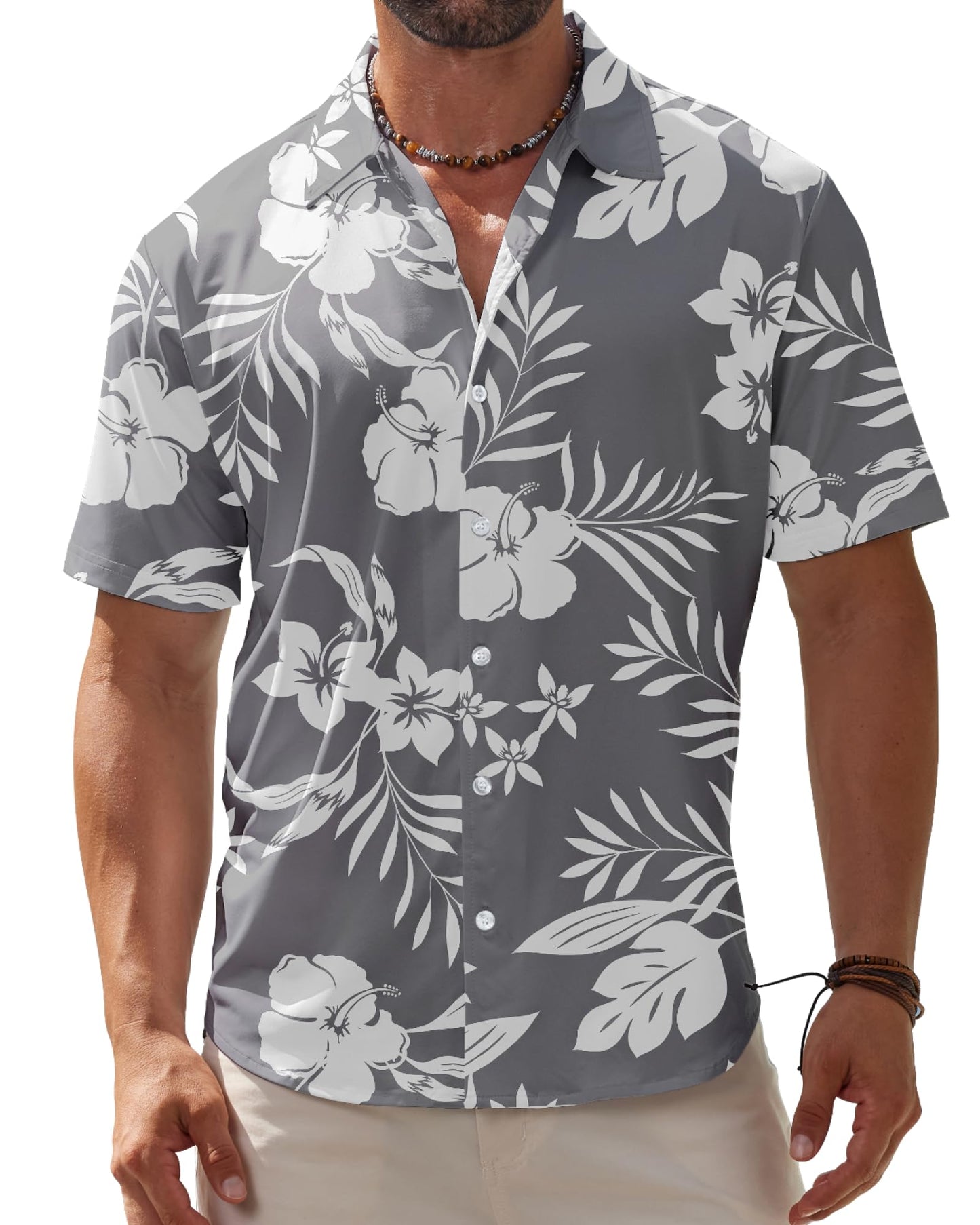 BOJIN Men's Hawaiian Wrinkle Free Short Sleeve Button Down Tropical Floral Beach Vacation Shirt - Hawaiian Flair