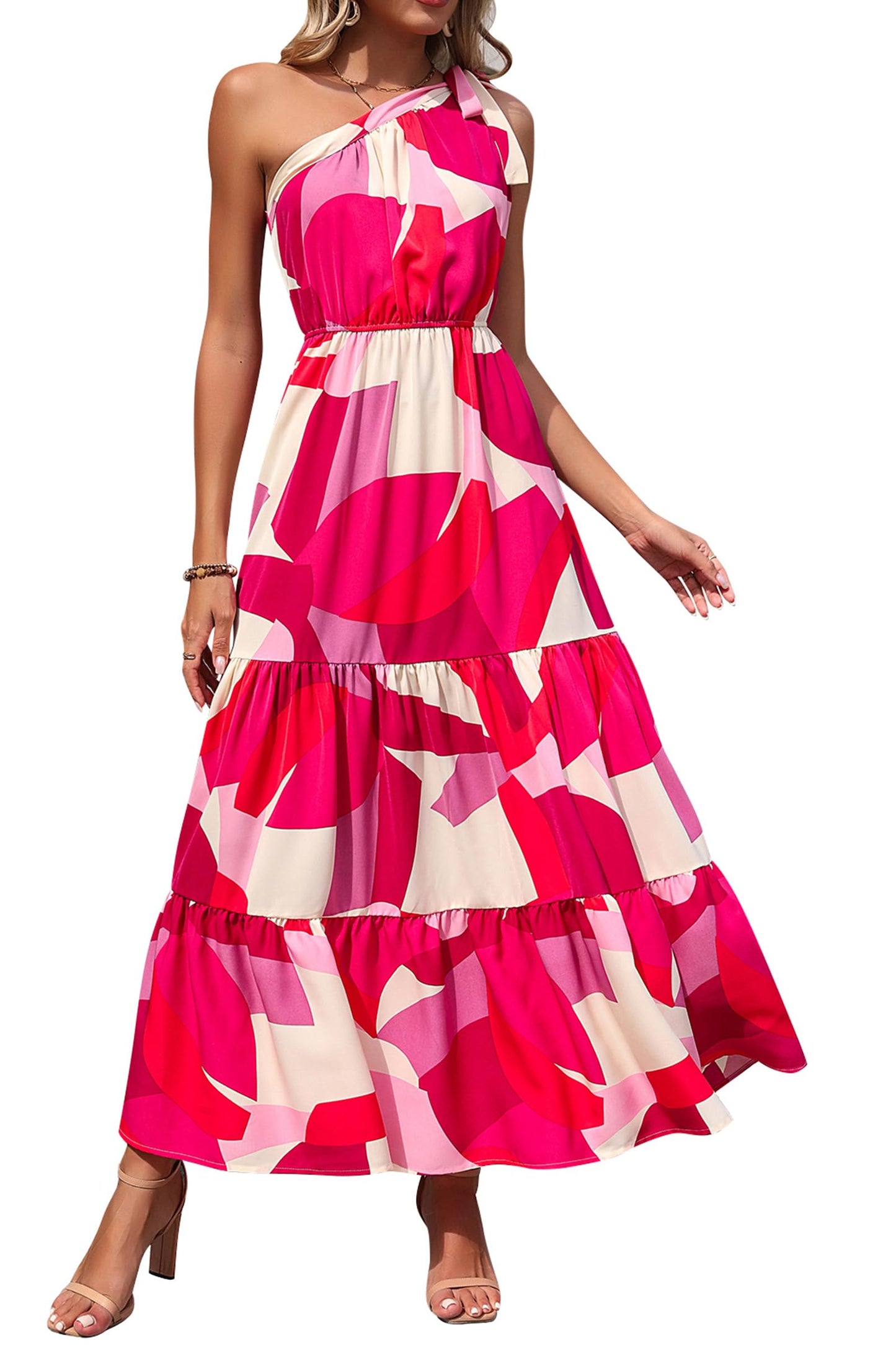 PRETTYGARDEN Women's Summer Floral Maxi Dress Knot One Shoulder Sleeveless Ruffle Flowy Boho Beach Wedding Guest Dresses - Hawaiian Flair